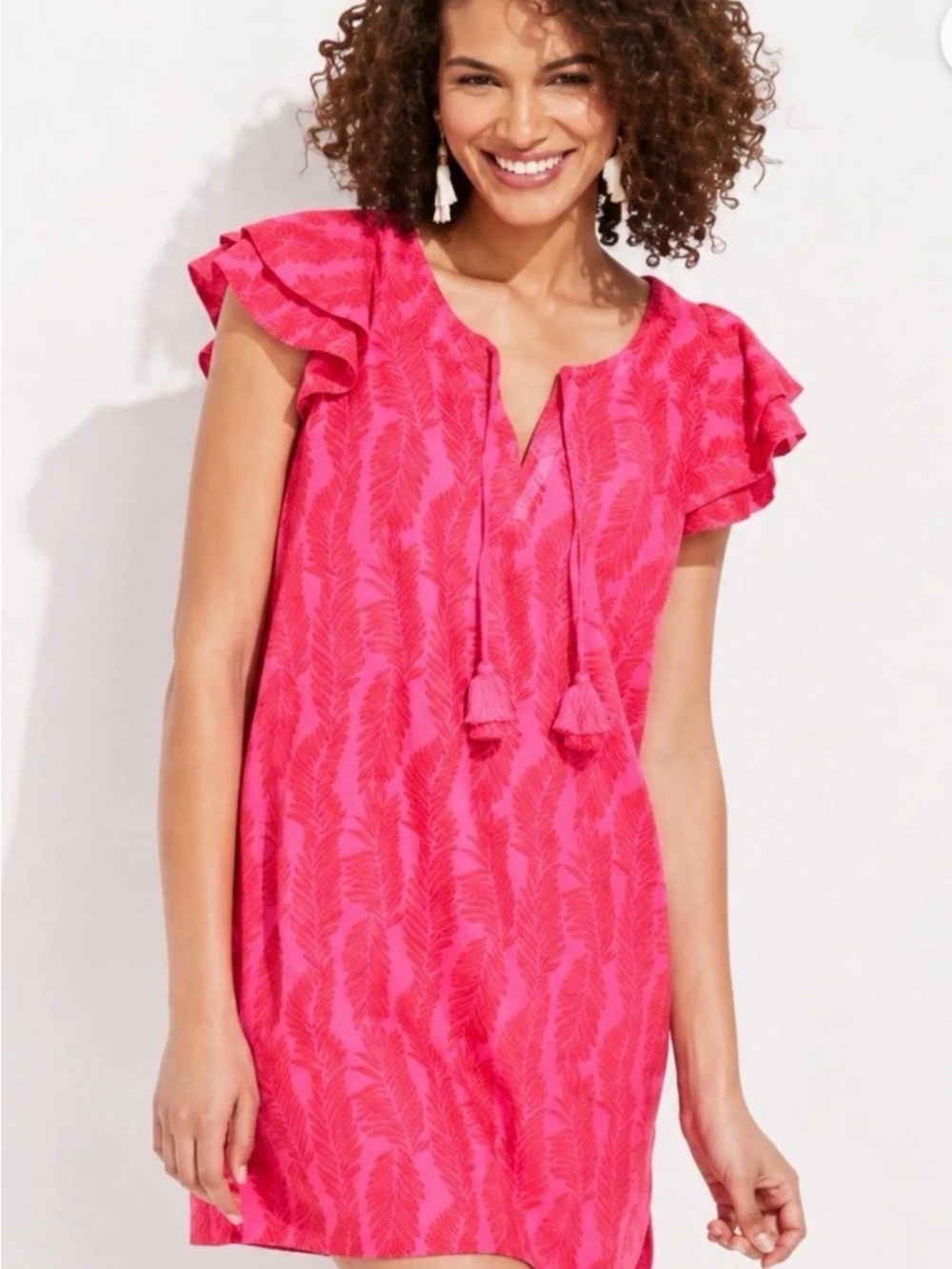 Vineyard Vines Hot Pink Feather Print Ruffle Sleeve Swim Coverup
